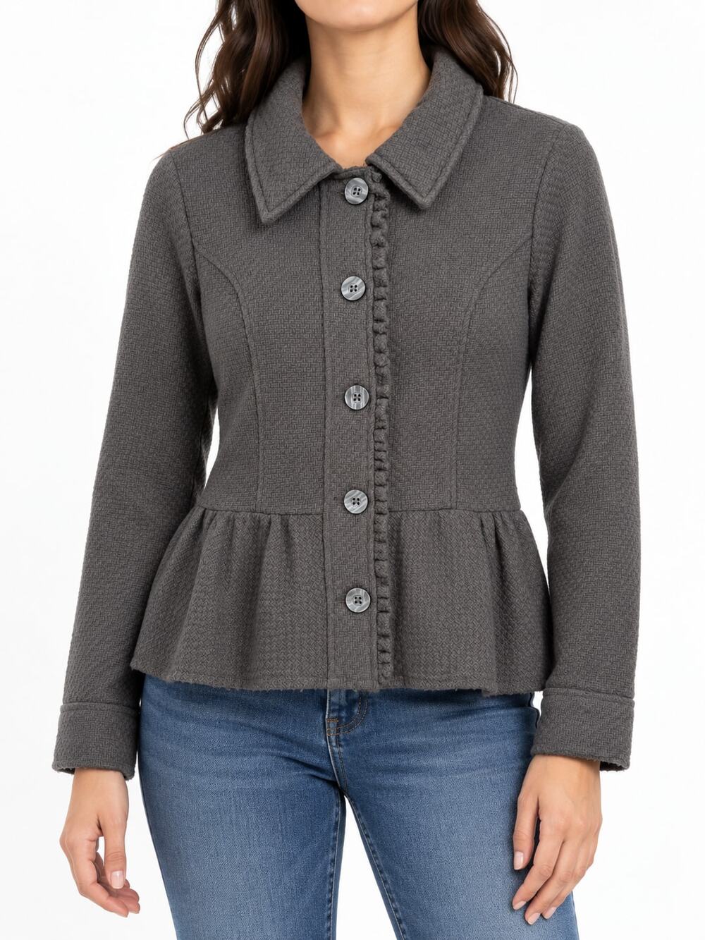 Decree Women's Gray Textured Acrylic Peplum Blazer Jacket M Button Front Fall